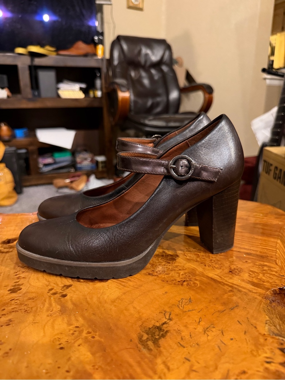 Hispanitas Dark Brown Leather Mary Jane Platform Block Heel Pump Women's Size 37